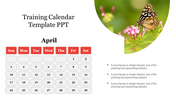 An April training calendar slide with a floral design and a butterfly image on a green overlay.