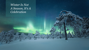 A serene winter scene featuring snow-covered trees under the green and blue glow of the northern lights.