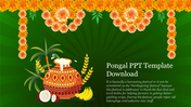 A vibrant pongal festival slide featuring a decorated pot with rice, surrounded by tropical leaves, bananas, and flowers.