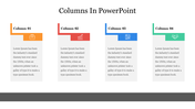 Slide showcasing four columns with icons, titles, and text descriptions, each in different colors for visual clarity.