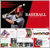 Slide deck featuring a baseball player covering history, techniques, and culture, with a red color theme.