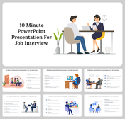 Slide deck featuring job interview illustrations and detailing stages of it's preparation, tips, and techniques.