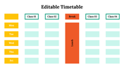 Timetable with a weekly layout showing Monday to Friday  four class slots per day, with a period highlighted in the middle.