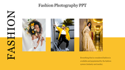 Fashion slide with a title on the left and three fashion models in diverse styles on a yellow and white background.