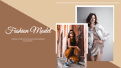 A slide deck of fashion model images with neutral brown and beige tones, showcasing various outfits and poses.