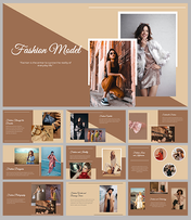 A slide deck of fashion model images with neutral brown and beige tones, showcasing various outfits and poses.