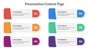 Content page layout slide with six sections, numbered 1 to 6, displayed in alternating colors with placeholder text.