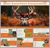 Slide deck featuring images of deer with antlers, with orange accents detailing habitat, species, and behavior.