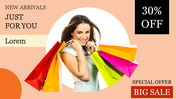 Shopping sale slide with a woman carrying colorful bags and promotional text advertising 30% off and a special offer.