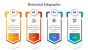 A slide featuring a four-step horizontal infographic with numbered panels and icons each with a caption area.