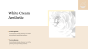 Minimalist white cream aesthetic slide with text placeholders and a subtle flower image.