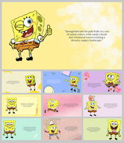 Colorful SpongeBob wallpaper slides with a cartoon character in a playful, pastel-colored background and whimsical elements.