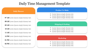 An orange daily schedule on the left and three colored task placeholder sections on the right for organizing time management.