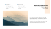 Minimalist slide design featuring two text blocks with placeholder text and a serene mountain landscape image.