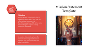 Mission statement slide with a red icon and text on the left and a dartboard image with a hand holding a dart on the right.