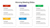 Morning meeting slide with five days organized into labeled boxes, each containing placeholder text for notes.