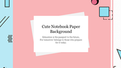 Notebook paper-themed background with a pink and blue color scheme, featuring geometric shapes and a motivational quote.