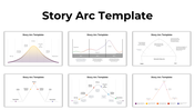 A collection of story arc slides featuring graphs illustrating rising action, climax, and resolution points for storytelling.