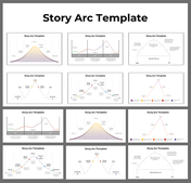 A collection of story arc slides featuring graphs illustrating rising action, climax, and resolution points for storytelling.