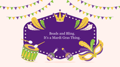 Google slide carnival theme with drum, mask, and feather decorations on a purple banner.