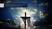 Religious background slide featuring a cross at sunrise with a spiritual message in the top left corner.