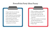 Party ideas slide featuring two clipboard-style sections, one blue and one red, with bullet points in a white background.