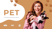 Pet-themed slide deck with a main title of a woman holding a dog and preview slides covering pet-related topics.