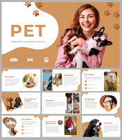 Pet-themed slide deck with a main title of a woman holding a dog and preview slides covering pet-related topics.