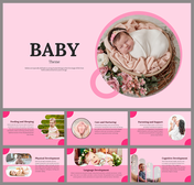 Baby-themed slides with a pink background, featuring a  baby wrapped in a blanket, surrounded by flowers, and various topics.