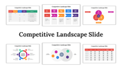 Collection of competitive landscape slides with charts, tables, and diagrams in various colorful layouts.