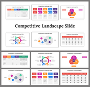 Collection of competitive landscape slides with charts, tables, and diagrams in various colorful layouts.