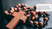 Brown wooden rosary beads backgrounds with a cross, resting on a dark surface and a quote about faith.