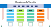 Blank jeopardy slide with four columns in blue, green, teal and orange, with labels, for categories and questions.