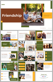 Friendship-themed slides showing the images of friends, text sections, and accents in green, brown, and yellow.