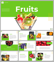 Fruits slides featuring a vibrant bowl of assorted fruits, including apples, bananas, oranges, and strawberries with text.