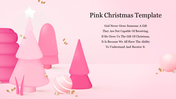 Pink Christmas trees and ornaments, with text on the right, all set on a light pink background.