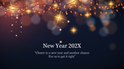 Festive new year slide with glowing string lights and bokeh effect, featuring text and a celebratory quote.