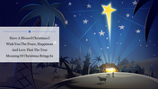 Night scene of nativity with a bright star above the stable, Christmas message in a text box above.