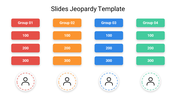 Jeopardy slide with four groups of color-coded sections and points ranging from 100 to 300, each with circles at the bottom.