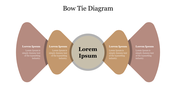 Bow tie shaped diagram slide with text placeholders on either side and a central circular area labeled Lorem Ipsum.