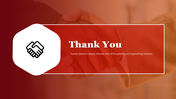 Slide featuring a handshake icon and thank you text for final presentation over a red-toned background.