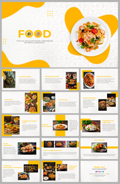 Food-themed slide deck with images of various dishes and placeholder text blocks for different cuisine topics.