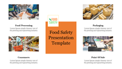 Slide on food safety, with image of food processing workers, packaged boxes, a consumer shopping, and a point-of-sale system.