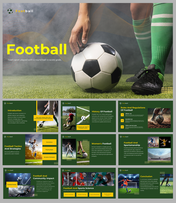 Close up of a soccer ball on grass and several slides covering football history and tactics with images on a green backdrop.