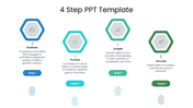 Collection of slides featuring 4 step processes, with circular and hexagonal icons in blue, and green tones.