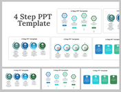 Collection of slides featuring 4 step processes, with circular and hexagonal icons in blue, and green tones.