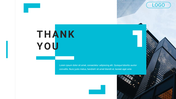 Minimalist Thank You slide featuring black text on a blue overlay with architectural buildings in the background.