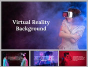 Slide pack featuring people wearing headsets in red, purple, and blue lighting, highlighting virtual reality experiences.