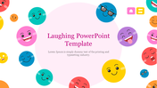 Various laughing and smiling emoji faces in bright colors encircle a central text area with a light pink background.