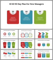 Slide deck outlining 30 60 90 day plan for new managers with red, blue, and green segments, detailing specific goals.